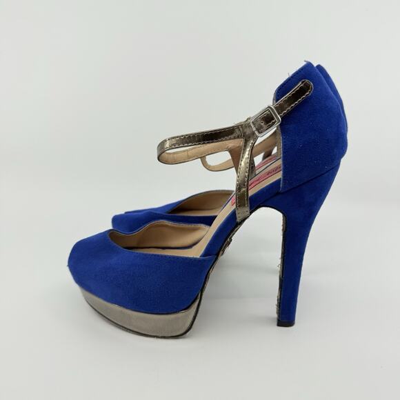 Betsey Johnson Sabine Blue Suede Heels Leopard Sole Size 7.5 Peep Toe Platform - Picture 5 of 9